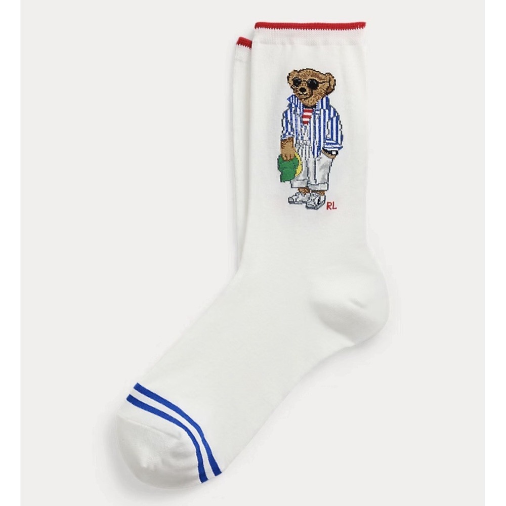 Polo Ralph Lauren Women's Polo Bear Crew Socks Striped Bear White SZ 9-11 NWT
